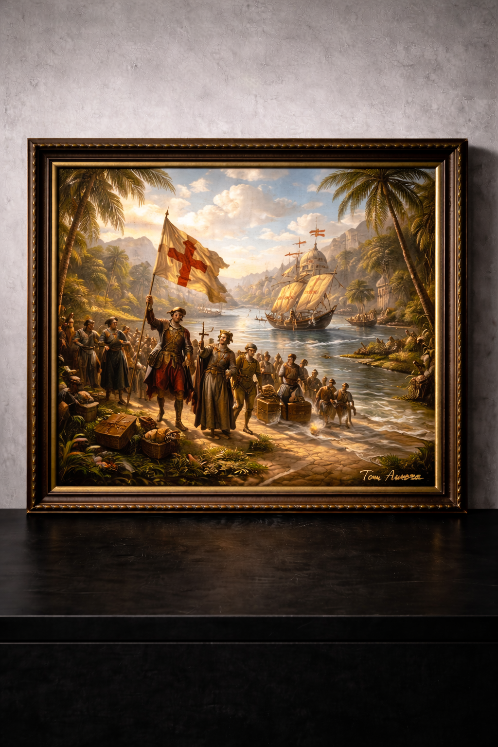 Arrival of explorers on a tropical shore