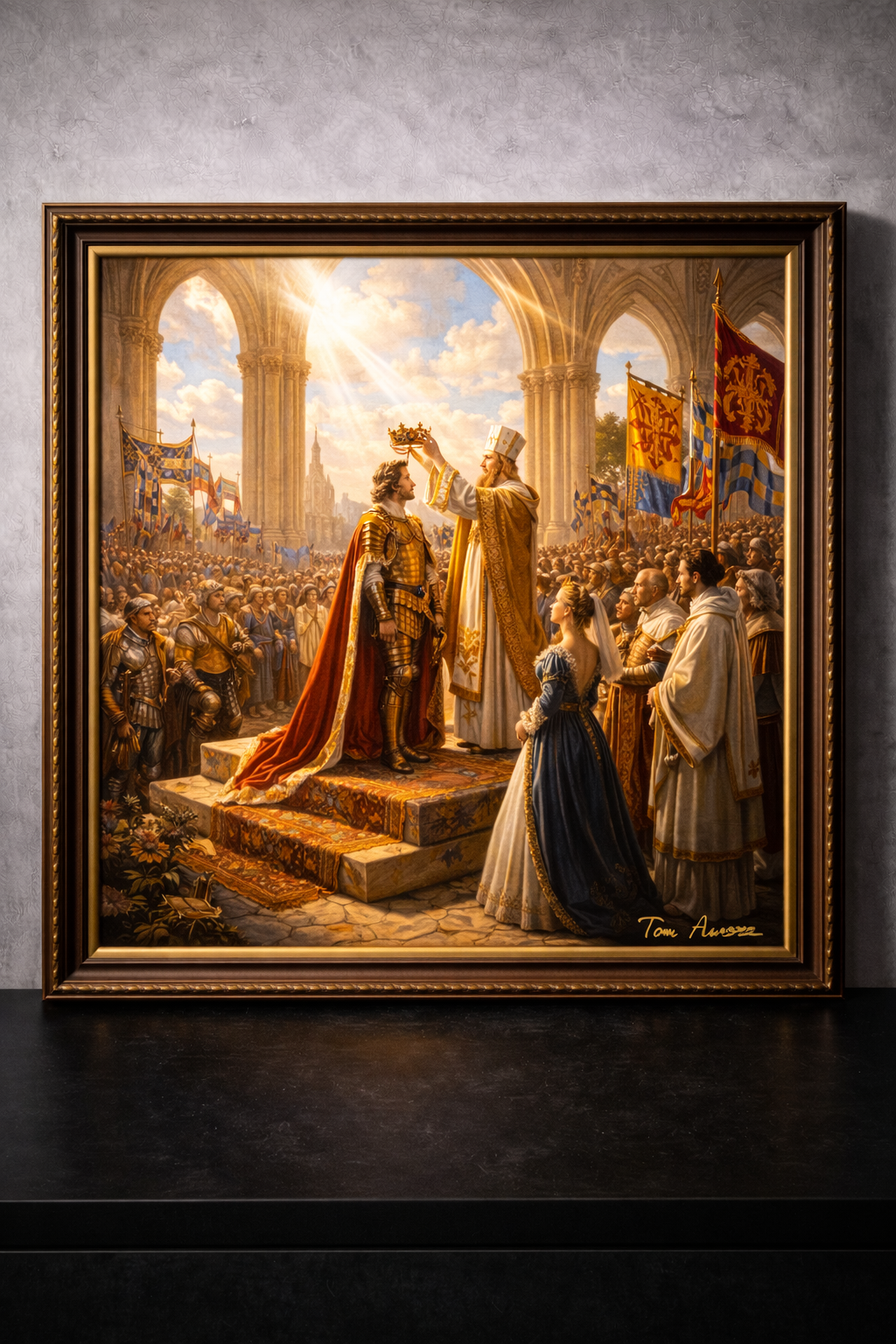 Royal coronation in a Gothic courtyard