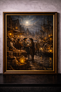 Moonlit harbor bustle in the 17th century