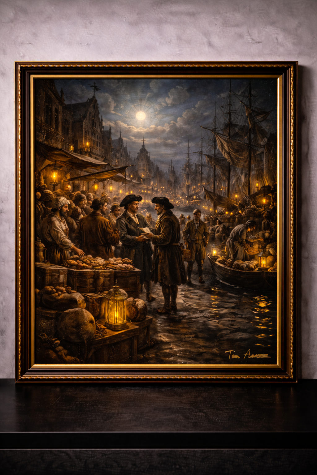 Moonlit harbor bustle in the 17th century