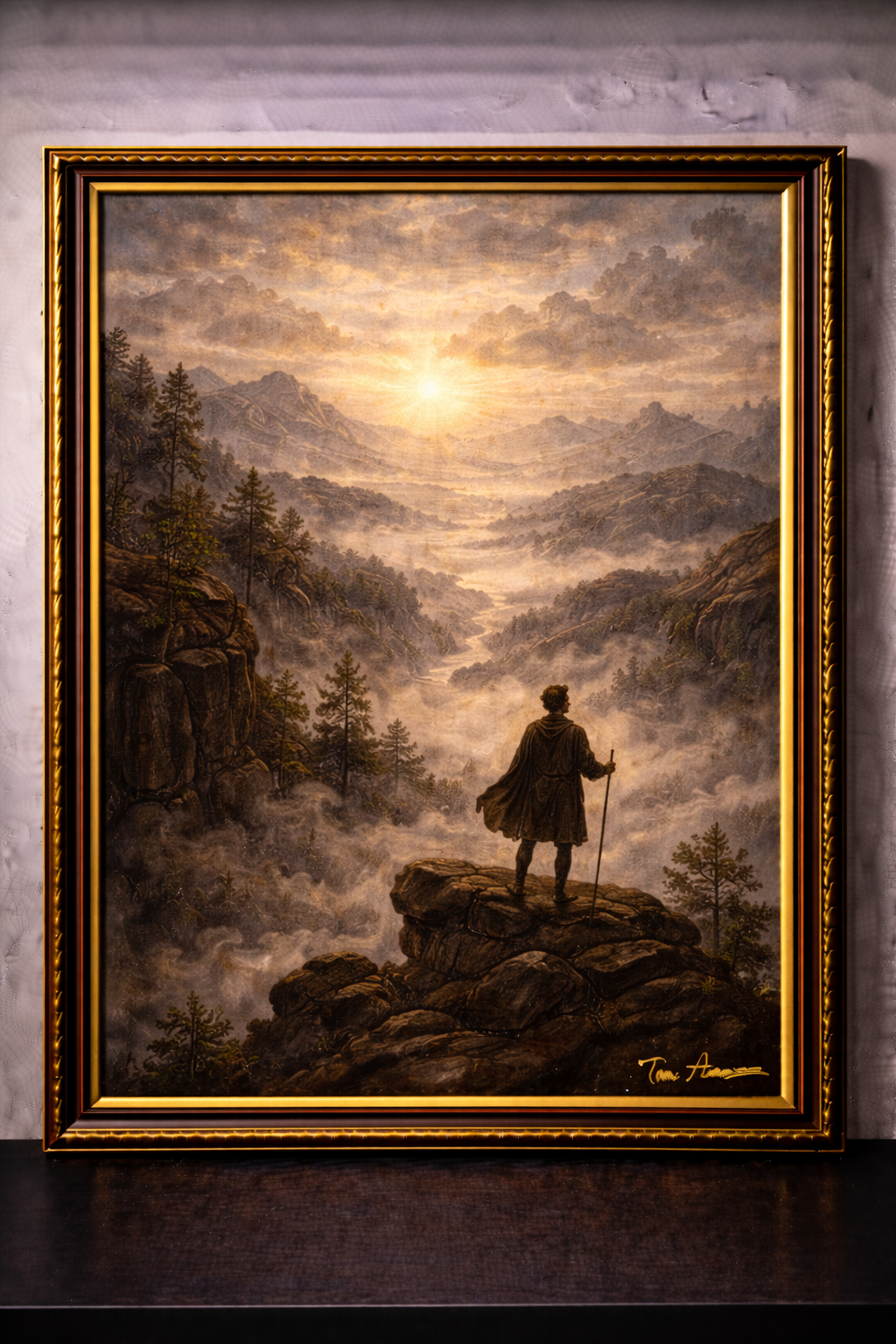Lone traveler at sunrise over misty valley