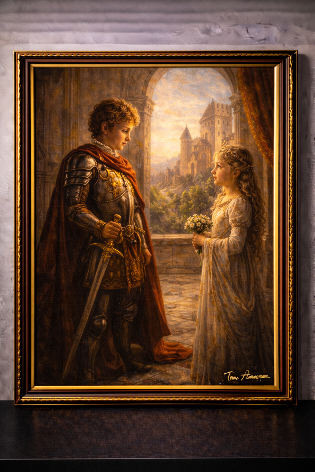 Knight and princess in castle light