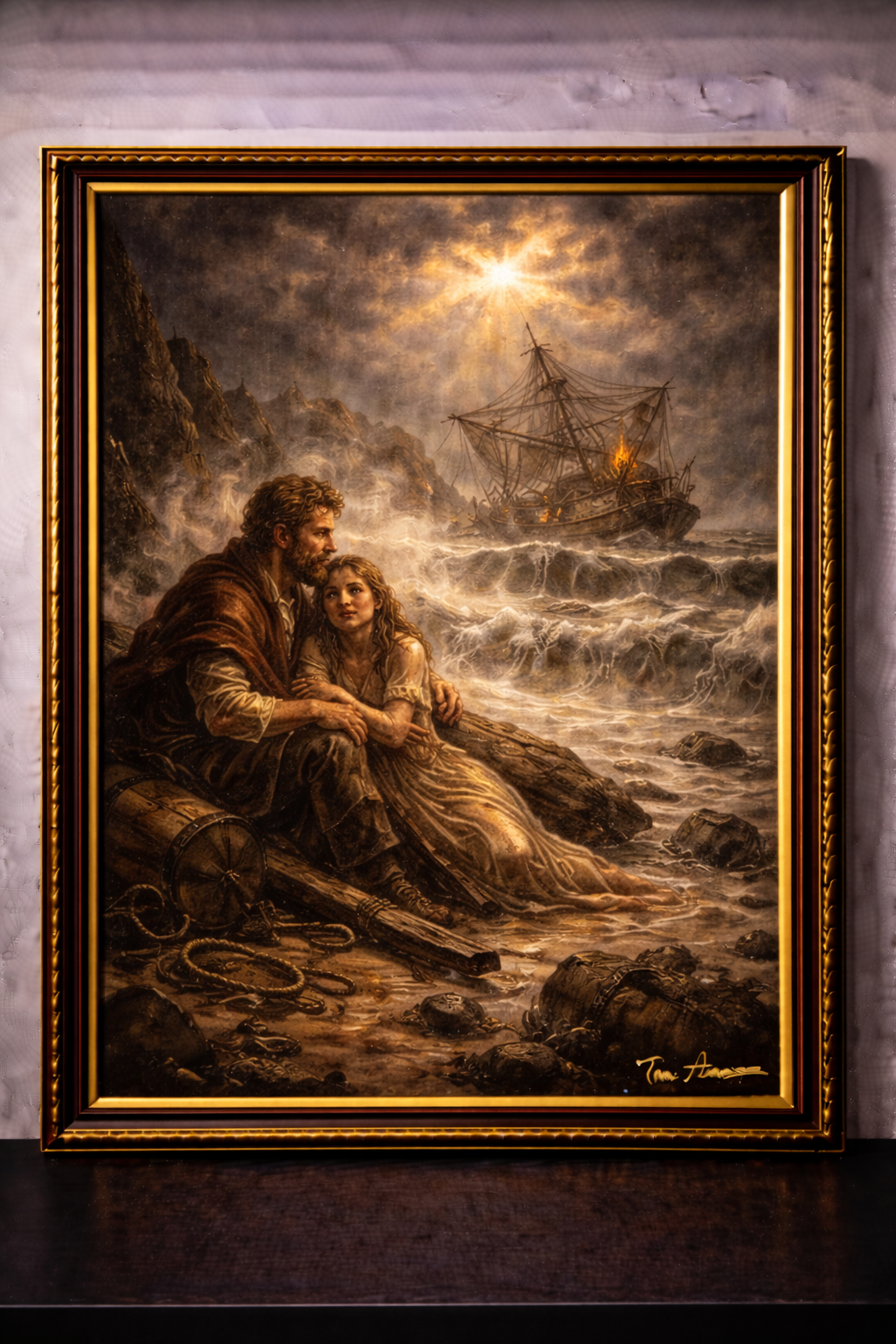 Shipwrecked survivors on a stormy beach