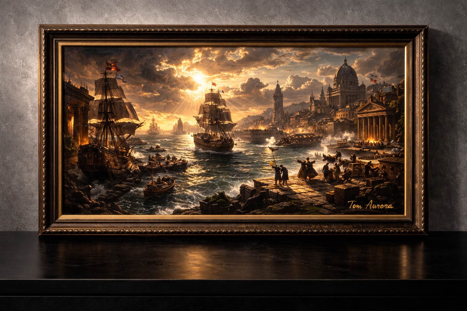 A golden sunset at a bustling harbor